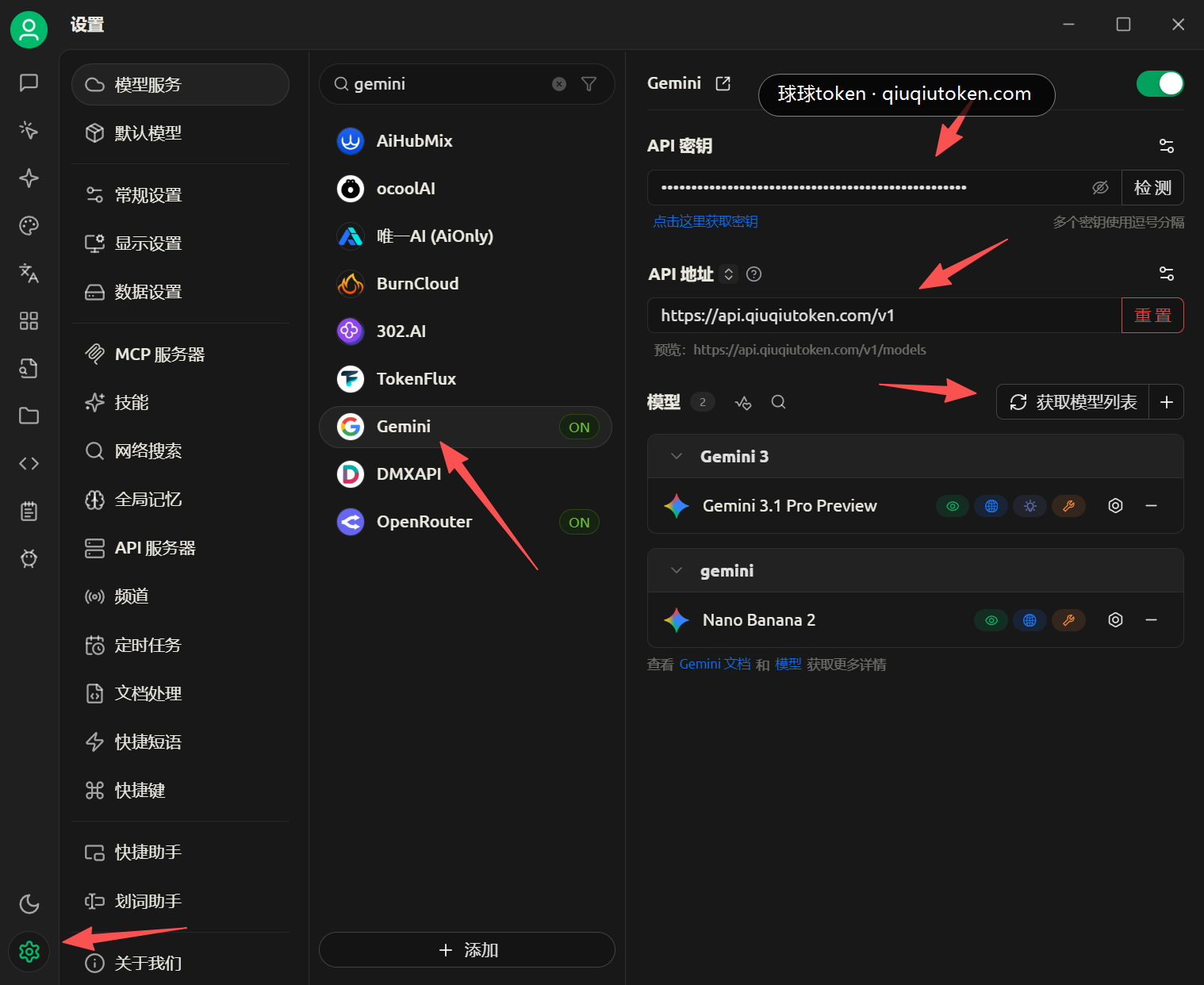 打开 Gemini provider，并填写 Gemini 相关字段